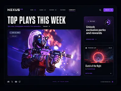 Competitive Esports Community Highlight Dashboard \ NEXUS HQ® dark gaming web design dark mode gaming ui esports branding design esports interaction design esports mobile app esports ui ux esports web design gaming community app gaming community interface gaming dashboard ui gaming landing page gaming news interface gaming platform dashboard gaming product design gaming profile interface gaming social platform gaming website design pro gamer dashboard tournament dashboard ui video game dashboard