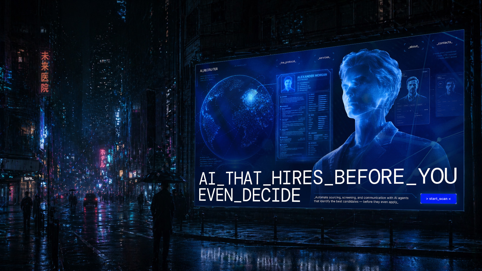 AI Recruiter Website — Futuristic Hiring Experience ai ai recruiter cognitive web collage collage concept design conversion design digital art futuristic hero section hiring holographic hr landing page saas startup tech ui uiux ux web design