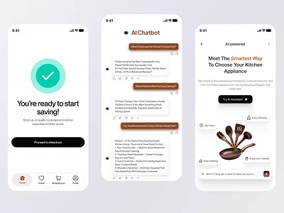 Kitchoria AI Shopping Assistant & Chatbot Mobile UI aidesign chatbotui cleanui conversationalai conversionoptimization cookware ecommerceapp figmadesign iosdesign kineticglyph minimalist mobileapp retailapp smartshopping swissclean uiux userexperience userinterface webdesign