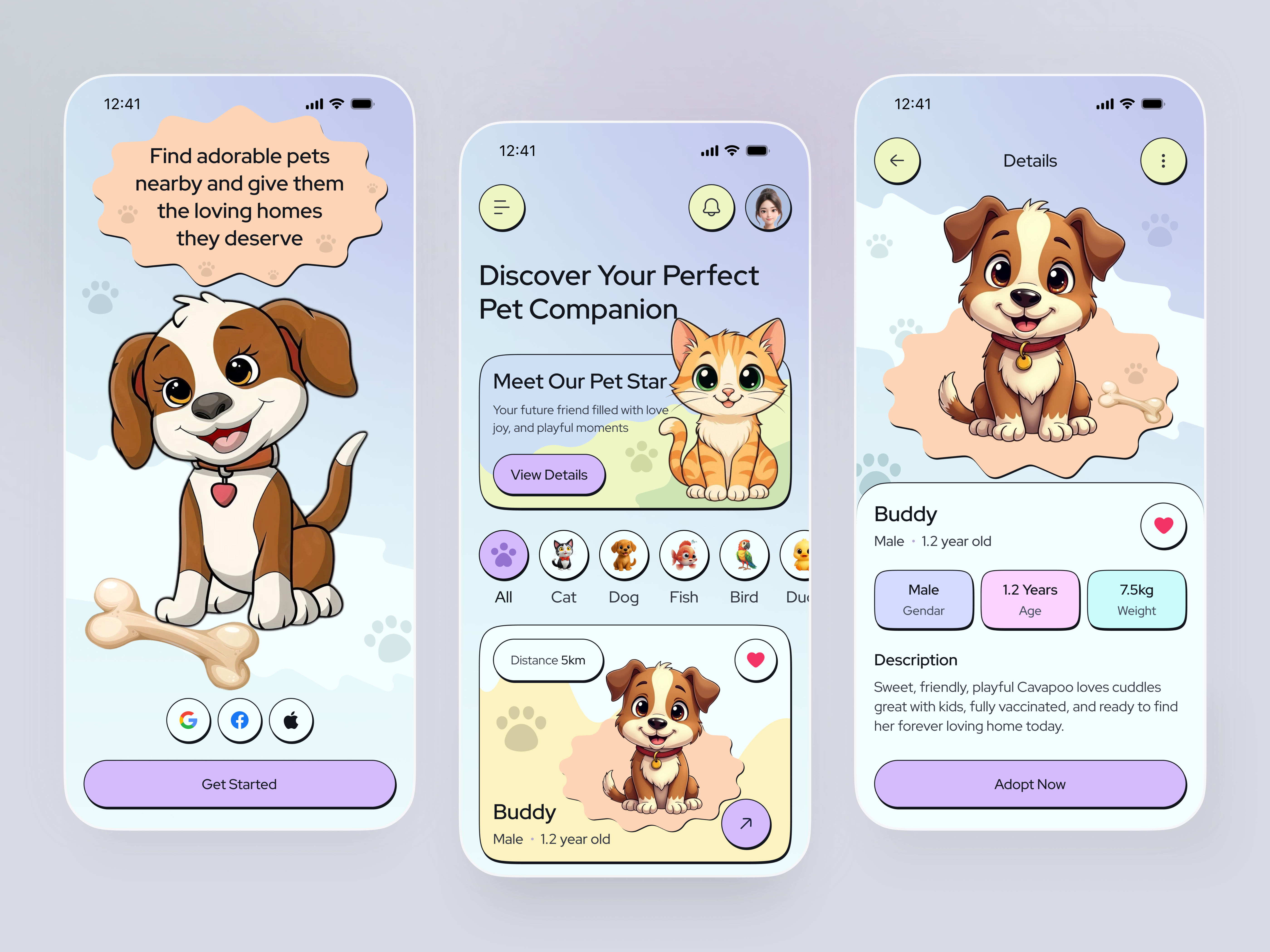 Pet Adoption Mobile App 3d animal adoption app design illustration mobile mobile app mobile design mobile ui pet adoption pet app pet care pet care app pet care app design pet service app playful design product design redesign uiux user interface