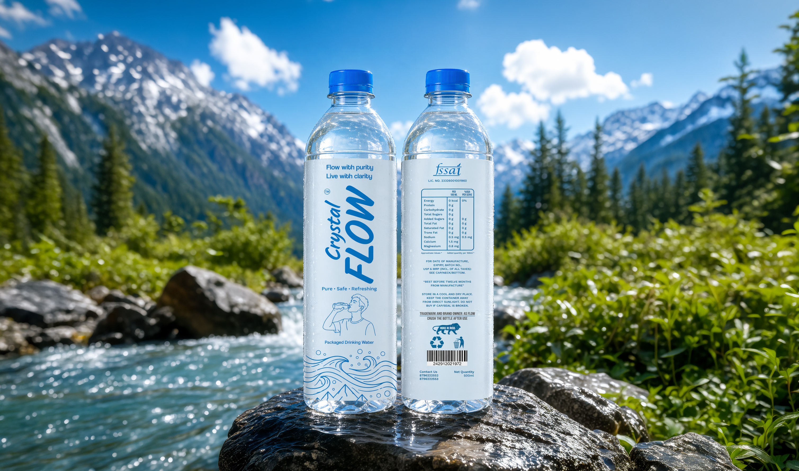 Crystal Flow – Packaged Drinking Water Label Design beverage branding blue aesthetic bottle mockup brand identity branding clean design fmcg design graphic design label design minimal design mizzeo digital modern design packaging design product design water bottle design