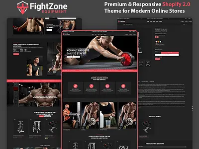 Gym Equipment Shopify Theme UI Design | Fitness Ecommerce Websit dark ui ecommerce ui fitness ui gym website modern ecommerce product showcase shopify theme sports design ui ux web design