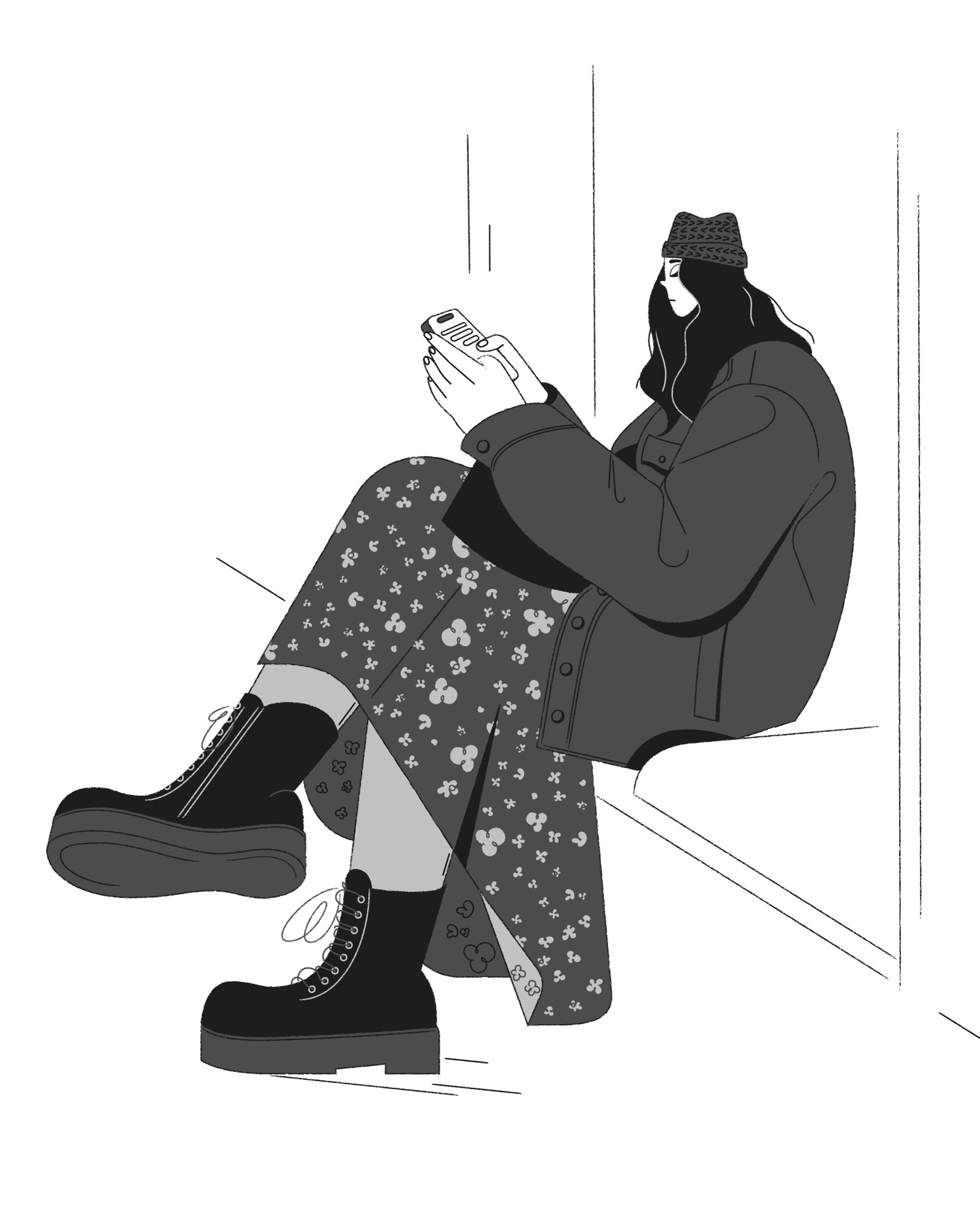 Metro Muses | IV black and white character illustration city design girl grey illustration monochrome sketch subway transport urban vector woman