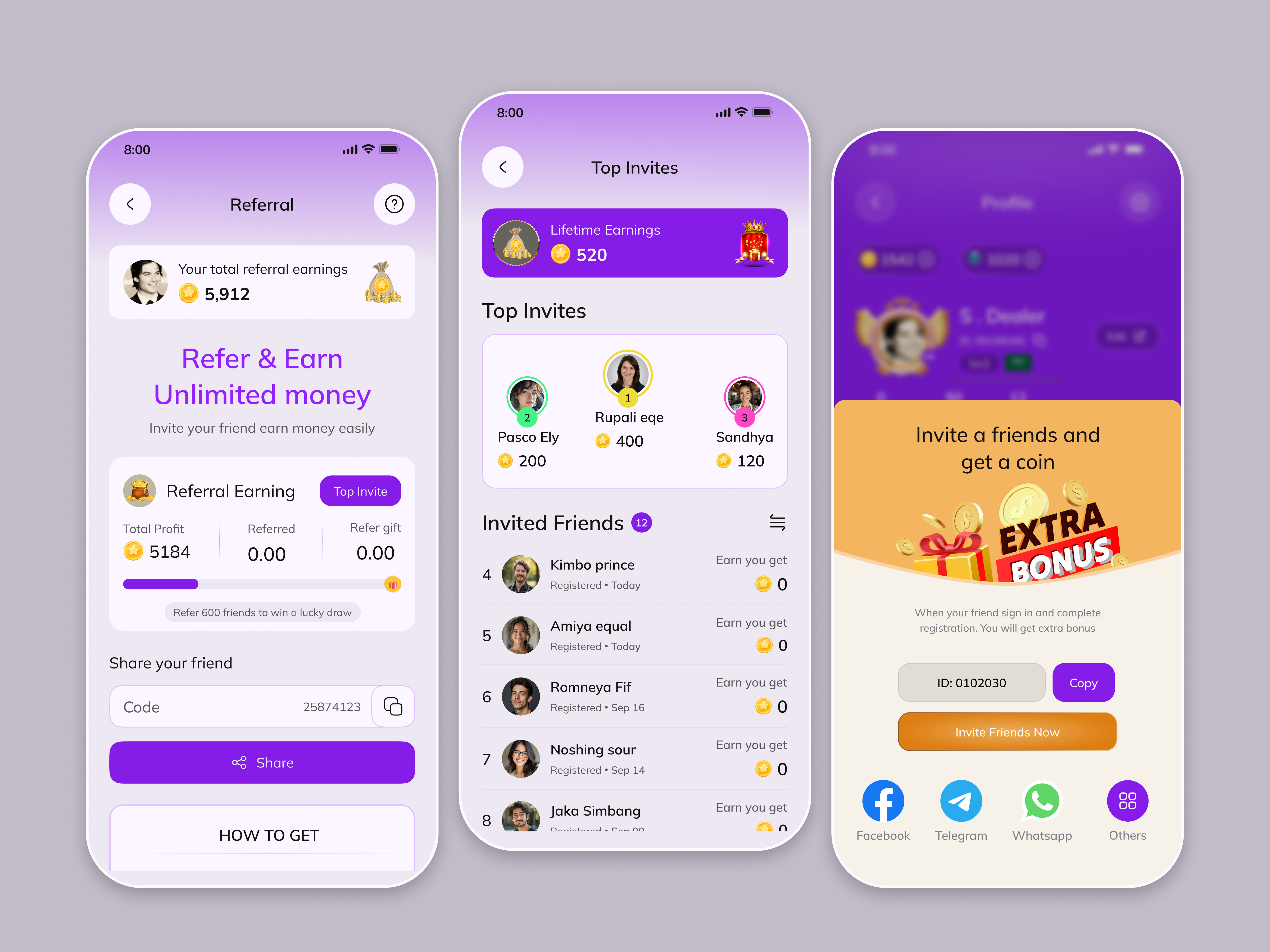 Refer & Earn Mobile App affiliate system app bonus reward system coin reward app earn money app earnings dashboard fintech app game gamification ui gaming app invite friends mobile app design refer and earn referral app rewards app ui wallet ui