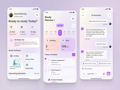 AI Study Assistant App ai ai assistant ai assistant app ai product ai stady ai study app ai study assistant ai ux app app design edtech design learning app mobile app ui saas design student productivity study assistant ui inspiration ux design