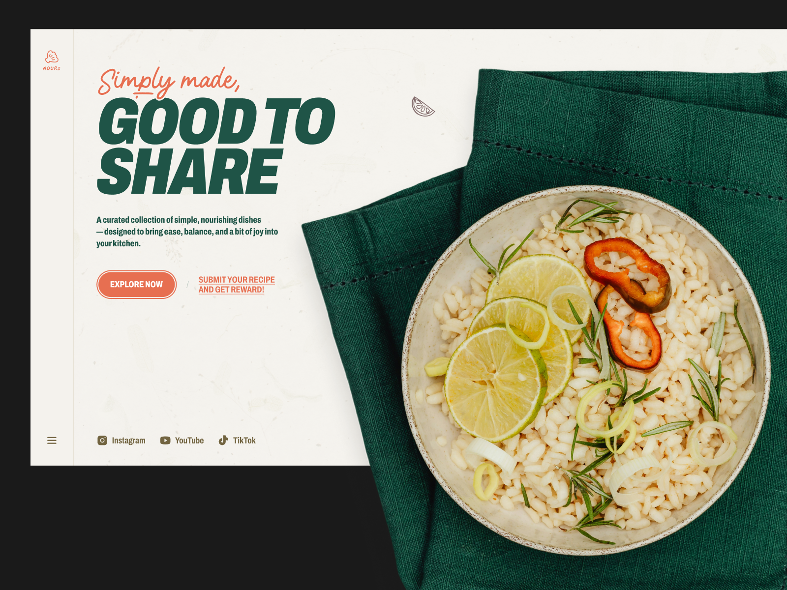 🥬 nouri • Recipe Community Website bold community cook cooking design editorial featured food horizontal design horizontal scroll landing page layout recipe ui unique ux web design website website design