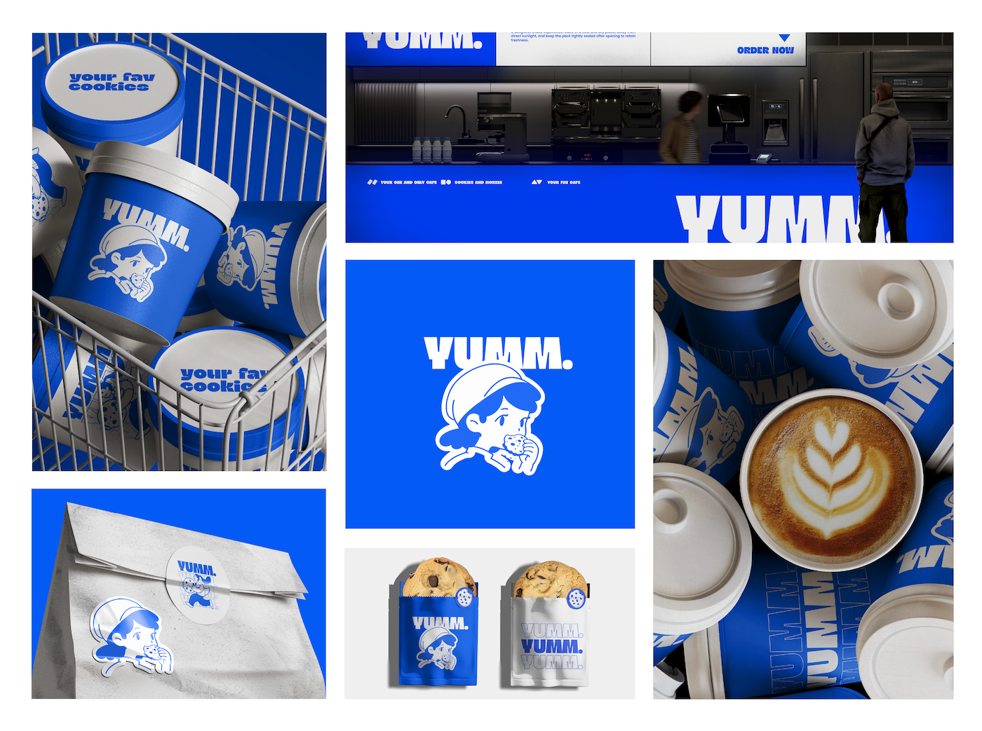 Branding For Yumm 3d render bakery branding bold typography branding character design cookie packaging cpg food branding graphic design identity design illustration label design logotype minimalist packaging design product mockup snack packaging vibrant blue visual identity yumm