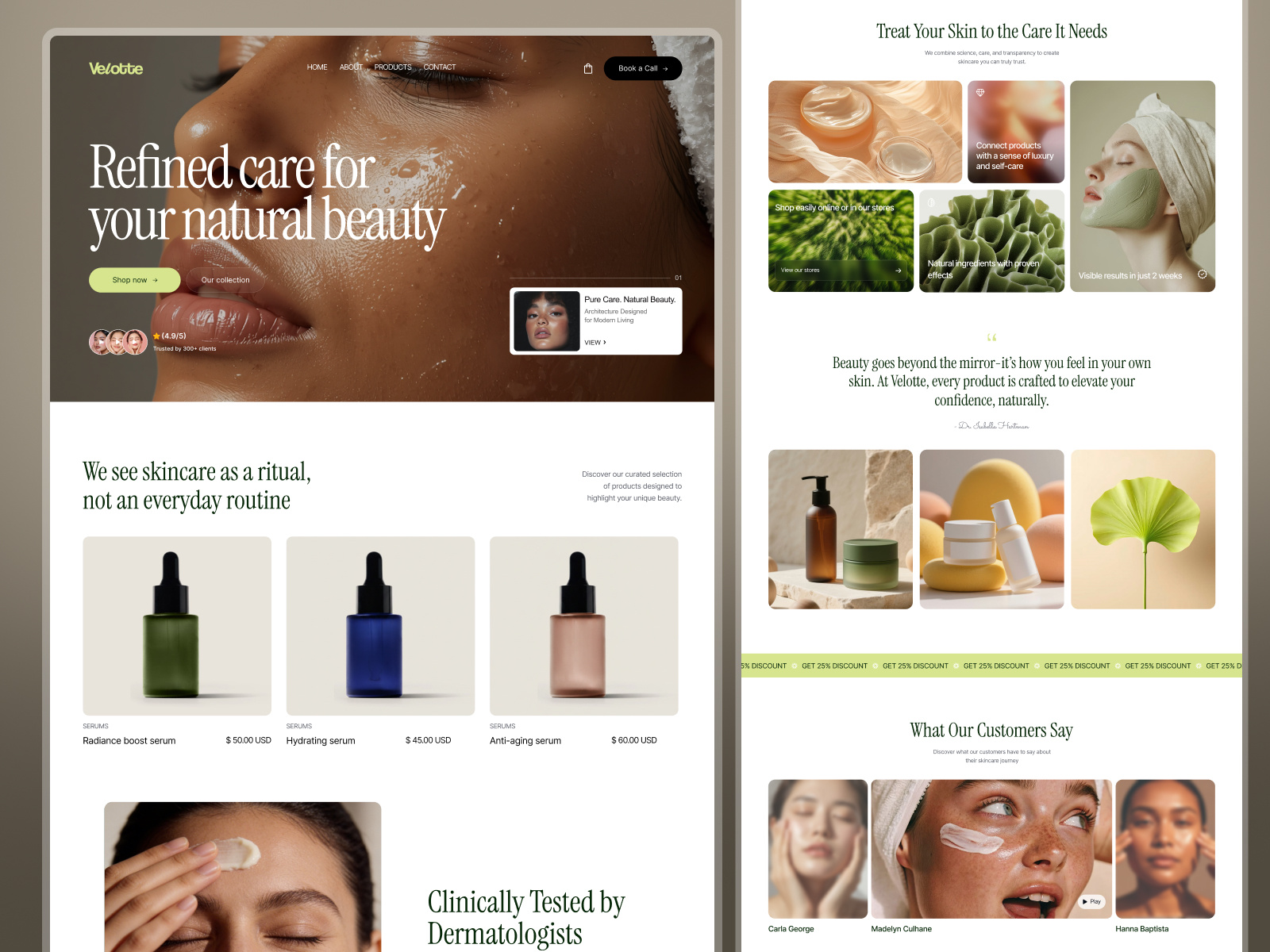Velotte Skincare Ecommerce website landing page