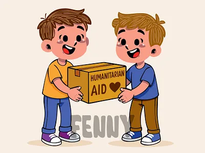 Cheerful Cartoon Boys Happily Sharing Boxes care charity community donation group help helping humanitarian organization participation positive service sharing support team teamwork together unity volunteer welfare