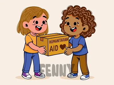 Two Cheerful Children Happily Sharing a Box care charity community donation group help helping humanitarian organization participation positive service sharing support team teamwork together unity volunteer welfare