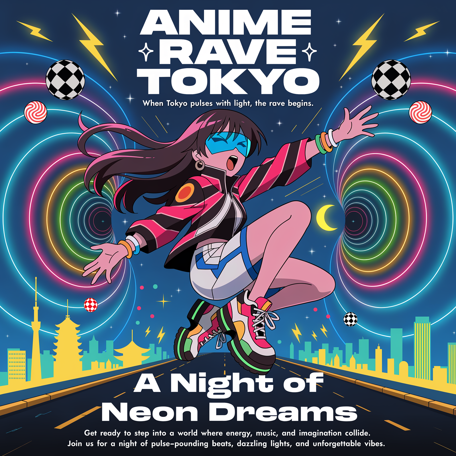 Anime Rave Tokyo Poster anime art branding character design cyberpunk event design flat design gradient graphic design illustration music neon poster rave streetwear synthwave tokyo typography vector vibrant