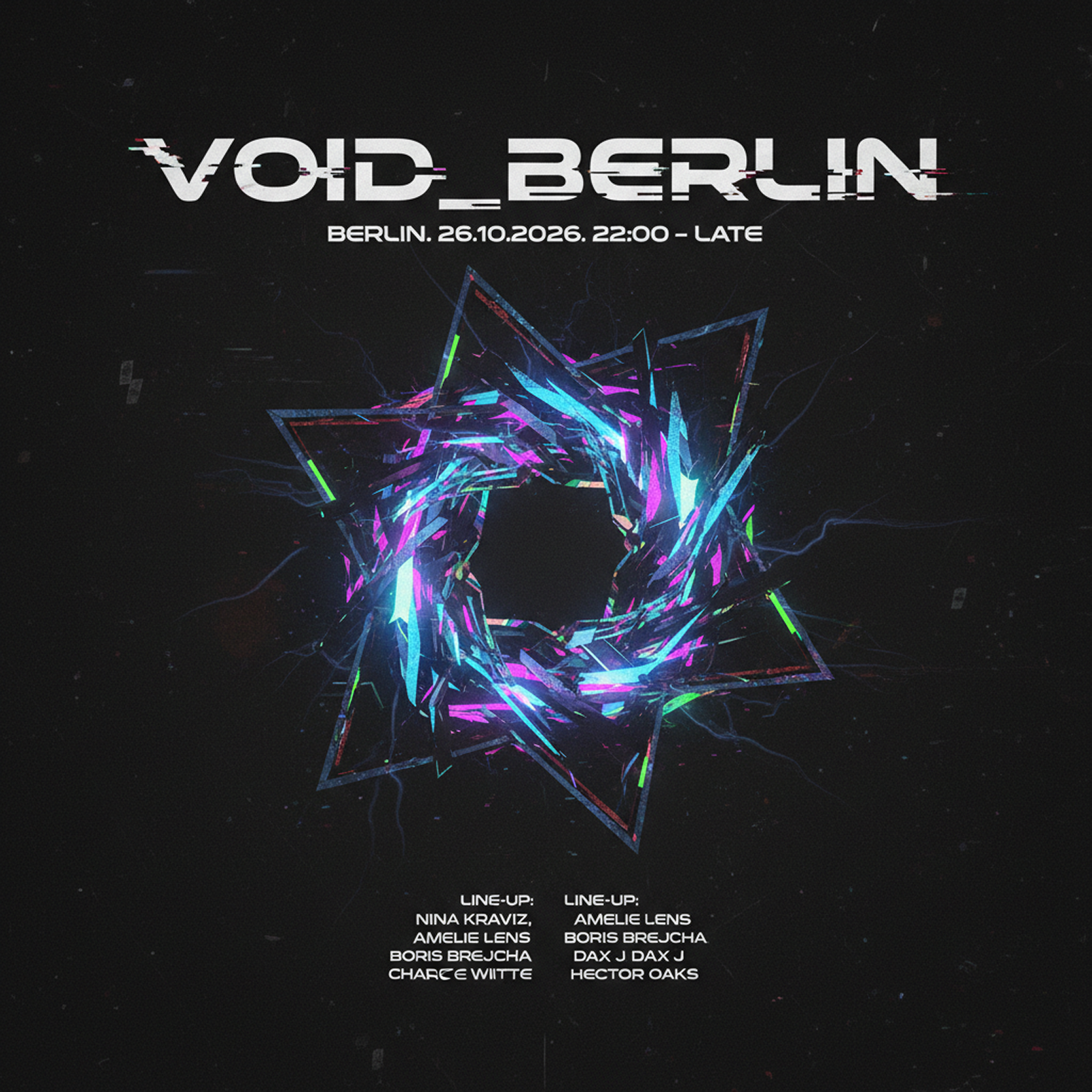 Void Berlin Event Poster abstract art berlin branding dark mode design electronic music event poster futuristic geometric glitch art graphic design illustration layout design music poster poster design print design techno texture typography