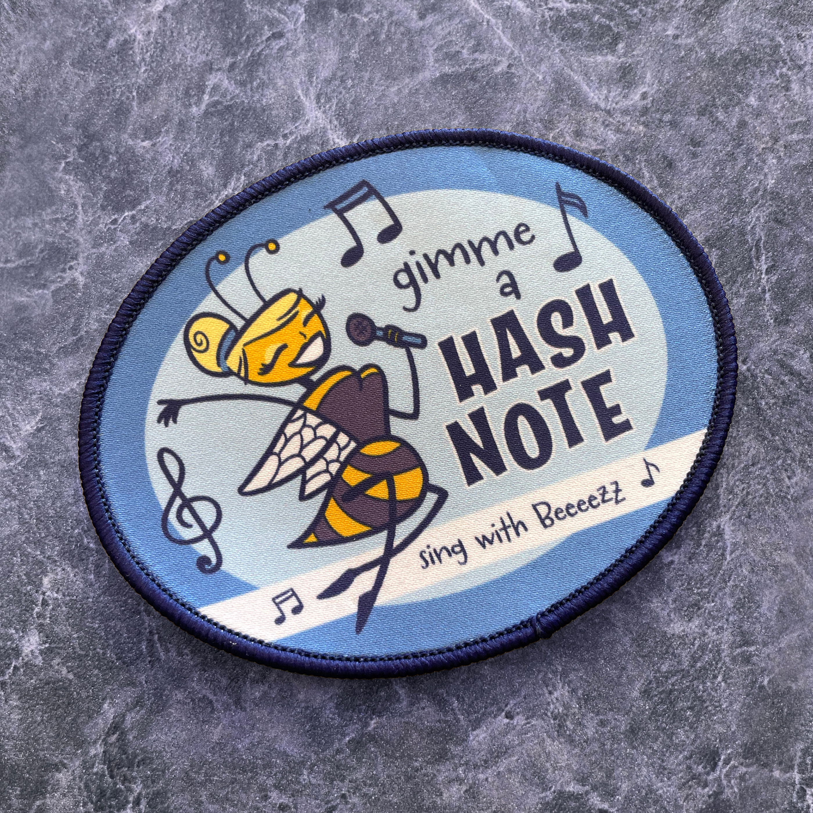 Sing with Beeeezz! bee bumble bee character design cute digital illustration embroidered patch hash house harriers hasher hashing illustration music musical note note patch patch design retro sing singer singing vintage