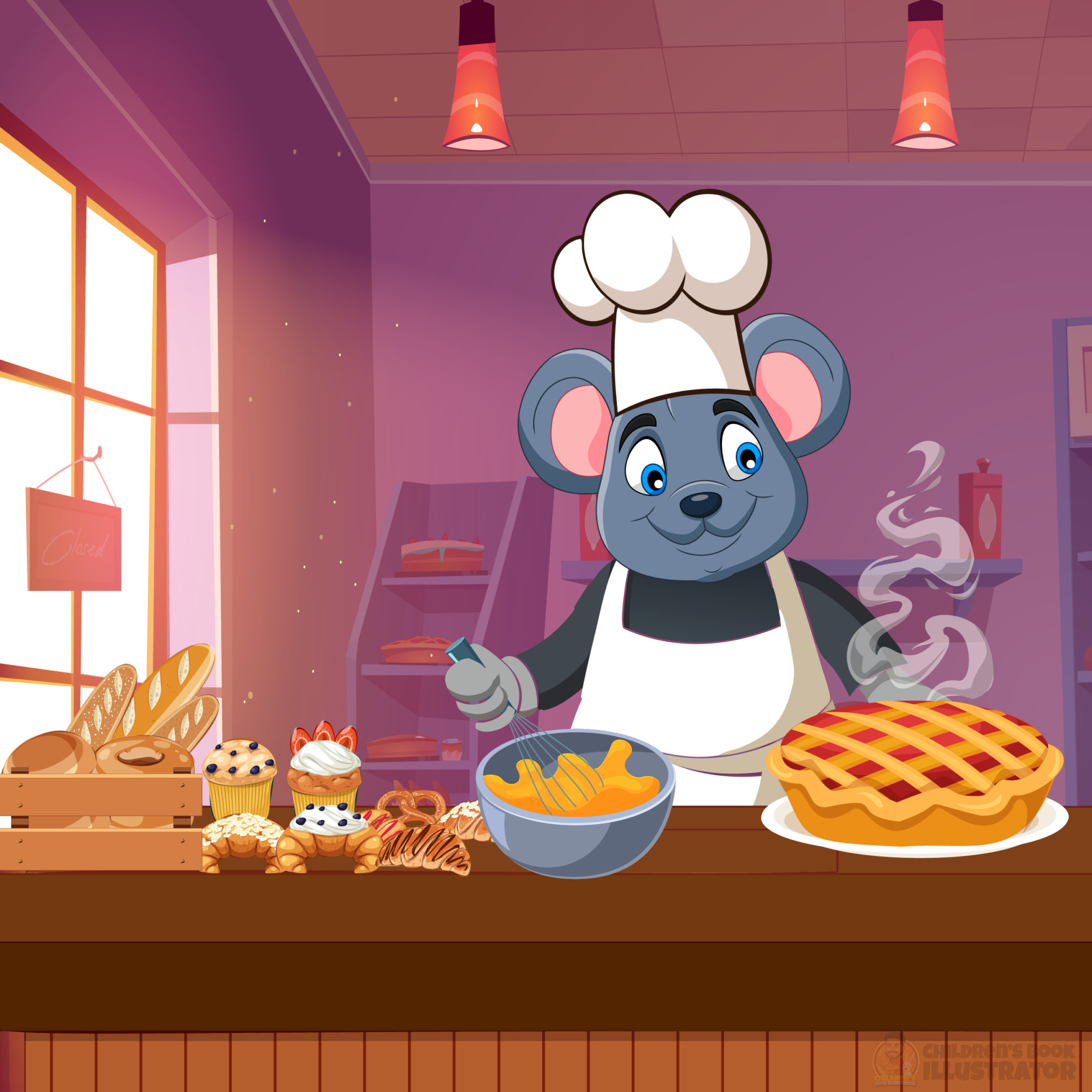 Chef Whiskers’ Morning Magic | Children's Book Illustration 2d art bakery illustration book cover design character art character design childrens book illustration childrens story colorful illustration creative illustration cute mouse chef digital illustration kidlitart nursery art pastry shop picture book artist publishing storytelling vector art visual storytelling whimsical art
