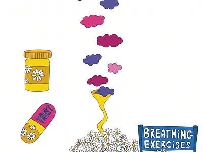 Breathing Exercise Machine apothecary branding cartoon chamomile charming cute game design graphic design health holistic health illustration mental health mindfulness nostalgia psychedelic supplements trippy wellness whimsical worldbuilding