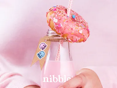 Nibble - Donut Shop Illustrated Stickers & Custom Logo Design bakery blue branding custom design custom logo cute design donut shop donuts graphic design illustration pastry pink stickers visual identity design