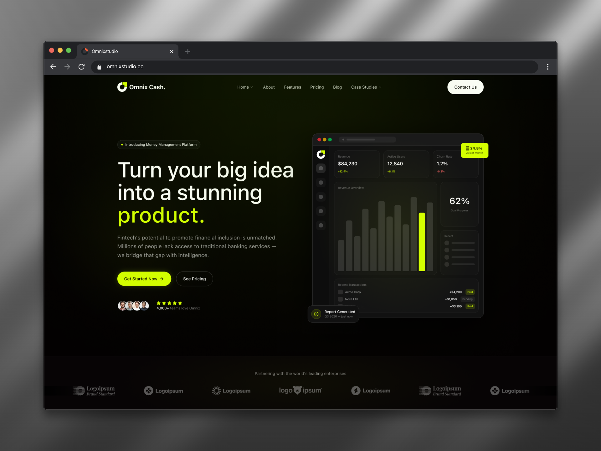 OmnixCash - Dark Mode Fintech Landing Page Concept darkui financialfreedom financialmanagement fintechdesign landingpage neondesign omnixcash productdesign saas uiux webdesign