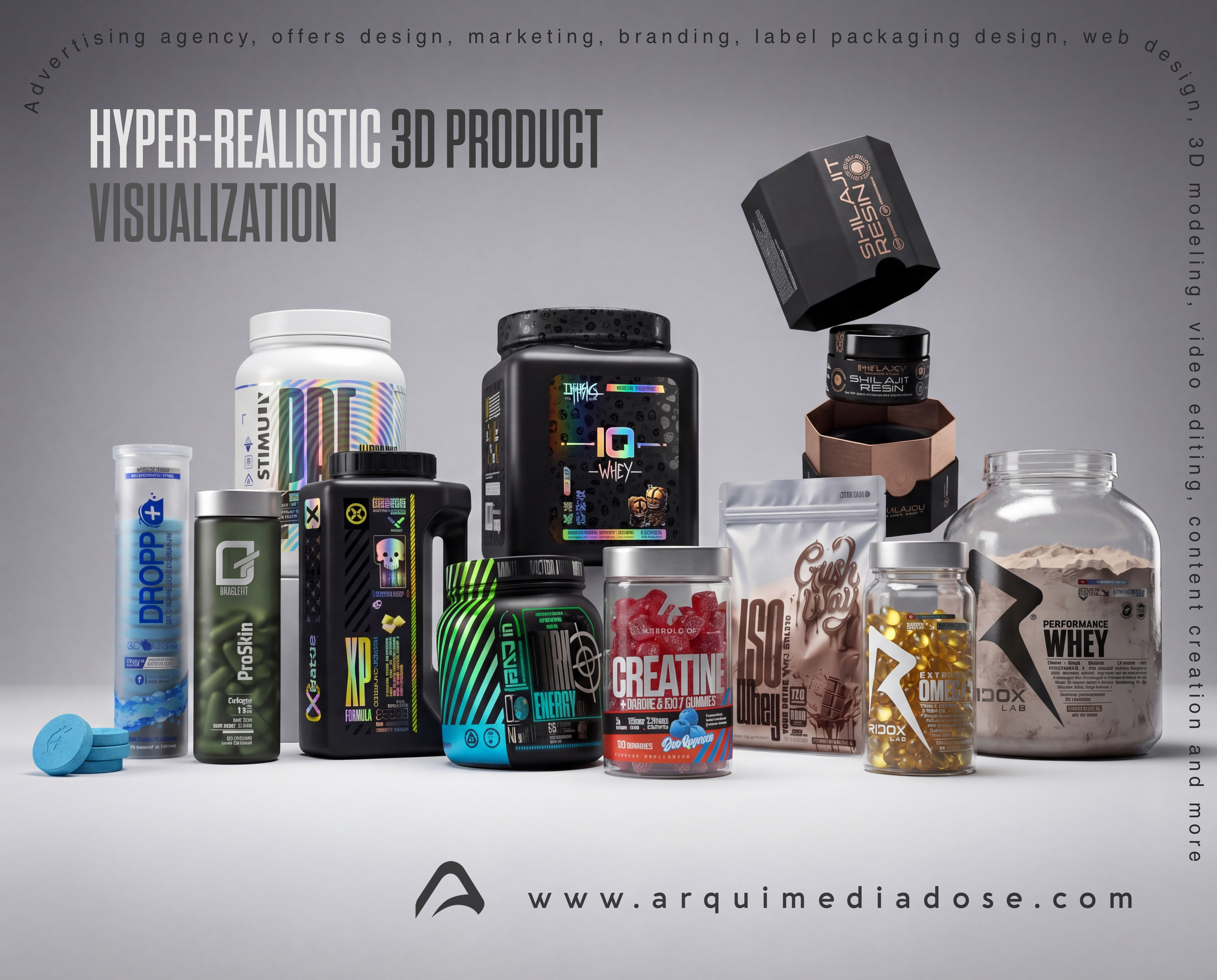 Hyper-Realistic 3D Product Visualization 3d 3dimages arquimediastudios branding label packaging supplements