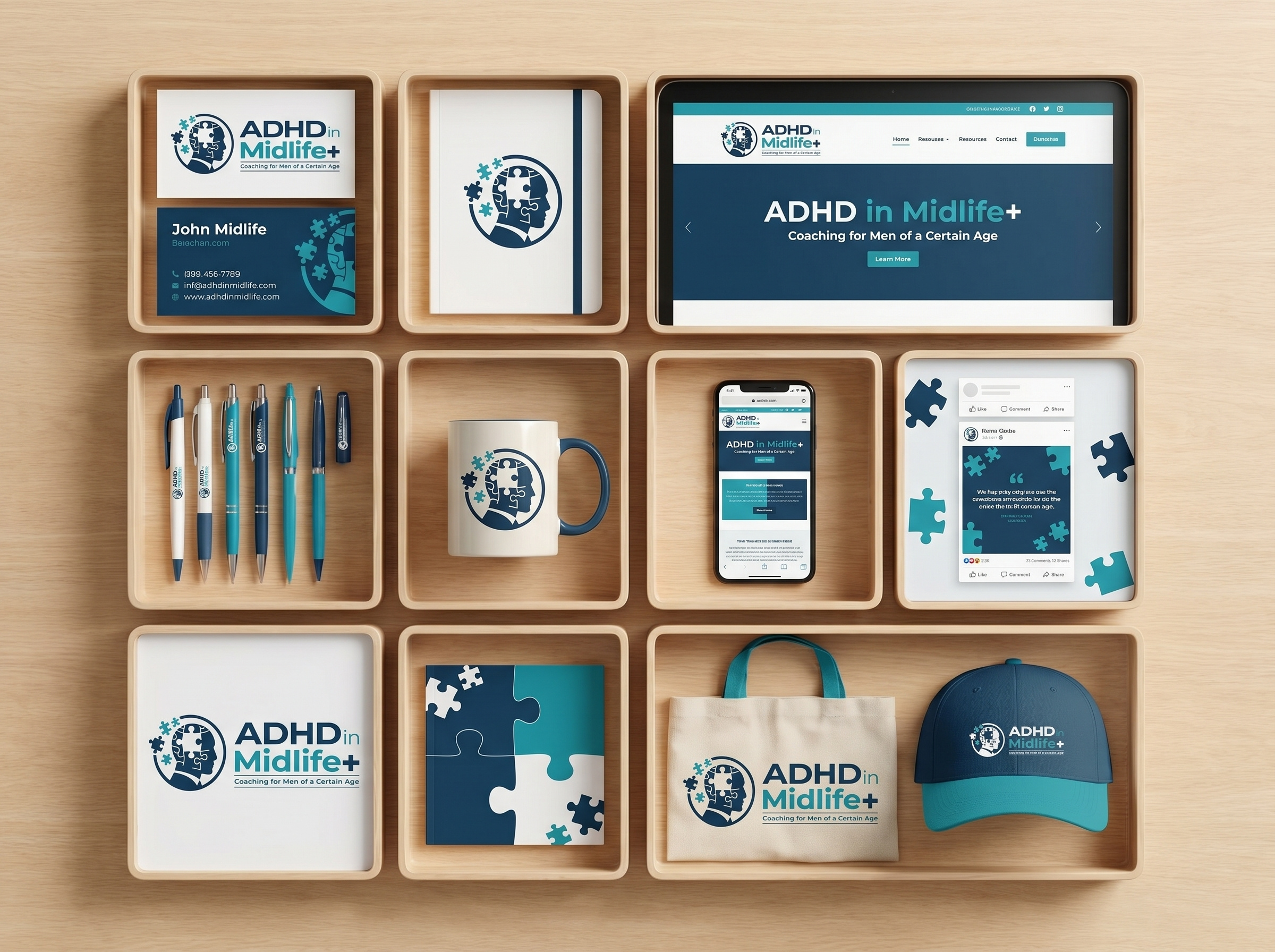 Healthcare & Coaching for Adults Visual Identity adhd coaching app design blue logo clean design coaching program cognitive coaching compassionate design corporate branding digital tools established brand graphic design health brand medical branding mental health mental wellness midlife care puzzle pieces stationery mockup support service visual identity