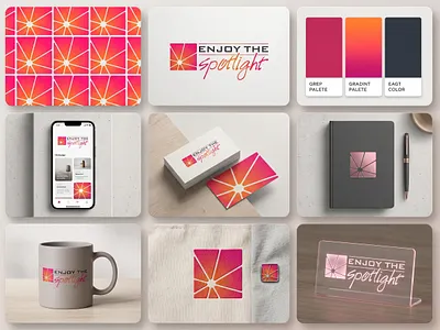 Vibrant Lifestyle Brand Identity & Content Mockup abstract logo bright palette colorful branding creative branding creative studio energetic branding enjoy the spotlight fashion brand gradient logo graphic design instagram design joyful design lifestyle brand modern content modern design packaging mockup print design retail brand sun logo vibrant design