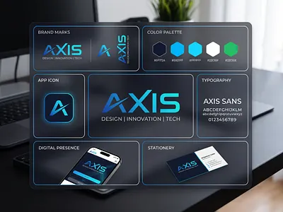 Tech-Focused Brand Identity System & Style Guide Mockup advanced app design axis design color palette corporate brand corporate identity dark mode design design system digital products futuristic logo geometric logo innovation innovation logo modern font software design stationery style guide tech branding tech company visual identity
