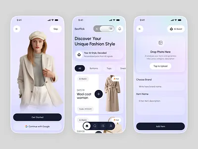 AI Fashion Shopping App UI UX Design - Smart Styling Assistant ai app ai assistant app design ecommerce app fashion app fashion e commerce fashion ui outfit app retail app shopping app smart shoppint style app virtual try on