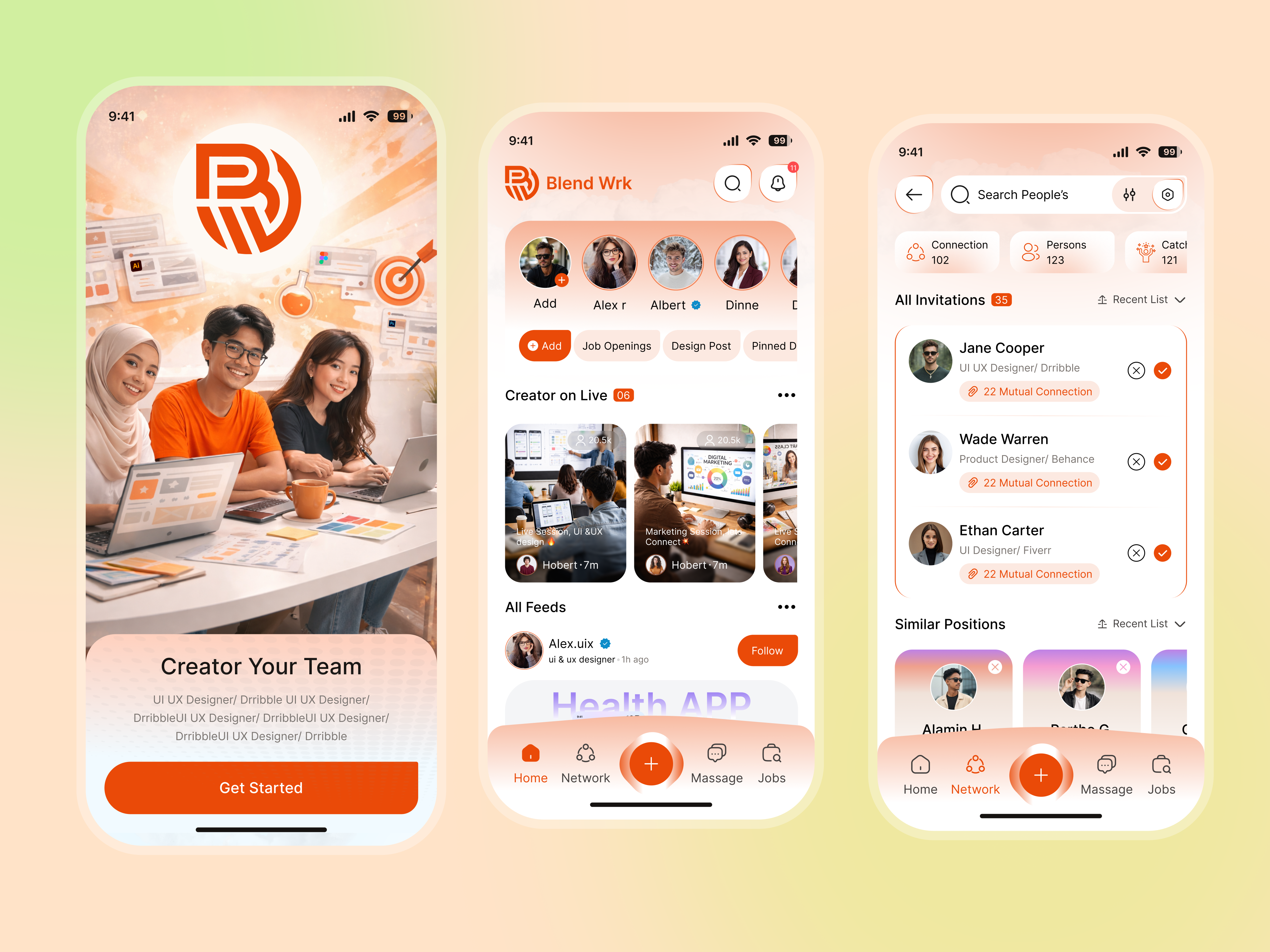 Creator Network Mobile App Design appdesign communityapp connectionapp creatorapp figma freelancerapp hiringapp iosapp jobboardapp jobsearchapp livecreator mobileapp modernui networkingapp peoplefinder professionalnetwork socialmediaapp socialui uidesign uiux