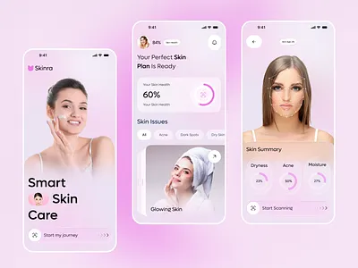GlowUp: Smart Skin Care Experience UI Design app design beauty app beauty care beauty tech clean ui cosmetics app ecommerce app health app health tracker mobile app organic skincare self care app skin analysis skin scanner skincare skincare routine wellness app