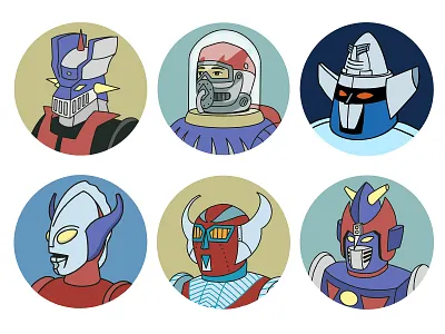 Japanese Tin Robot Avatar Icons 1970s animation avatars cartoon comics graphic novel icon set icons illustration illustrator japanese monoline portrait retro robots vector