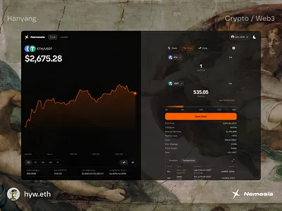 Nemesis 2.0 | The Permissionless Margin Trading Protocol bitcoin blockchain branding btc crypto defi dex financial minimal minimalist nft perpdex trade trading ui web3