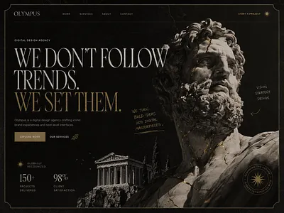 Landing Page Design – Hellenistic Agency Concept agency website branding classicism dark mode digital agency elegant design greek mythology hero section kintsugi landing page luxury branding minimalist ui sculpture serif typography ui design ux design visual identity web design website layout
