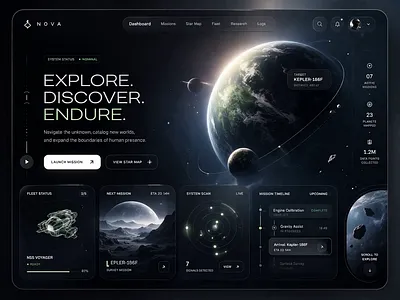 Dashboard Design – Sci-Fi Space Exploration Interface aerospace animation dark mode dashboard data visualization futuristic gaming ui hud interactive interface layout motion graphics saas sci fi ui space tech typography ui design ux design web design