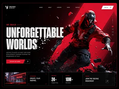 Landing Page – Gaming Studio Immersive Concept bold typography branding cinematic creative agency dark mode futuristic game dev gaming ui hero section landing page product design red and black tech typography ui design ui kit ux design visual identity web design website design