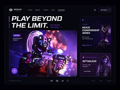 Landing Page – Esports Gaming Platform Interface bento grid branding card layout dark mode dashboard esports game dev gamer gaming ui interface landing page product design purple tech typography ui design ux design visual identity web design website design