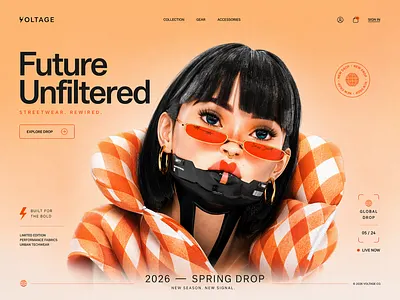 Landing Page – Streetwear Fashion Hero Concept 3d character branding creative ui digital art e commerce fashion design futuristic design hero section landing page makeup orange product design streetwear techwear typography ui design ux design visual identity web design website design