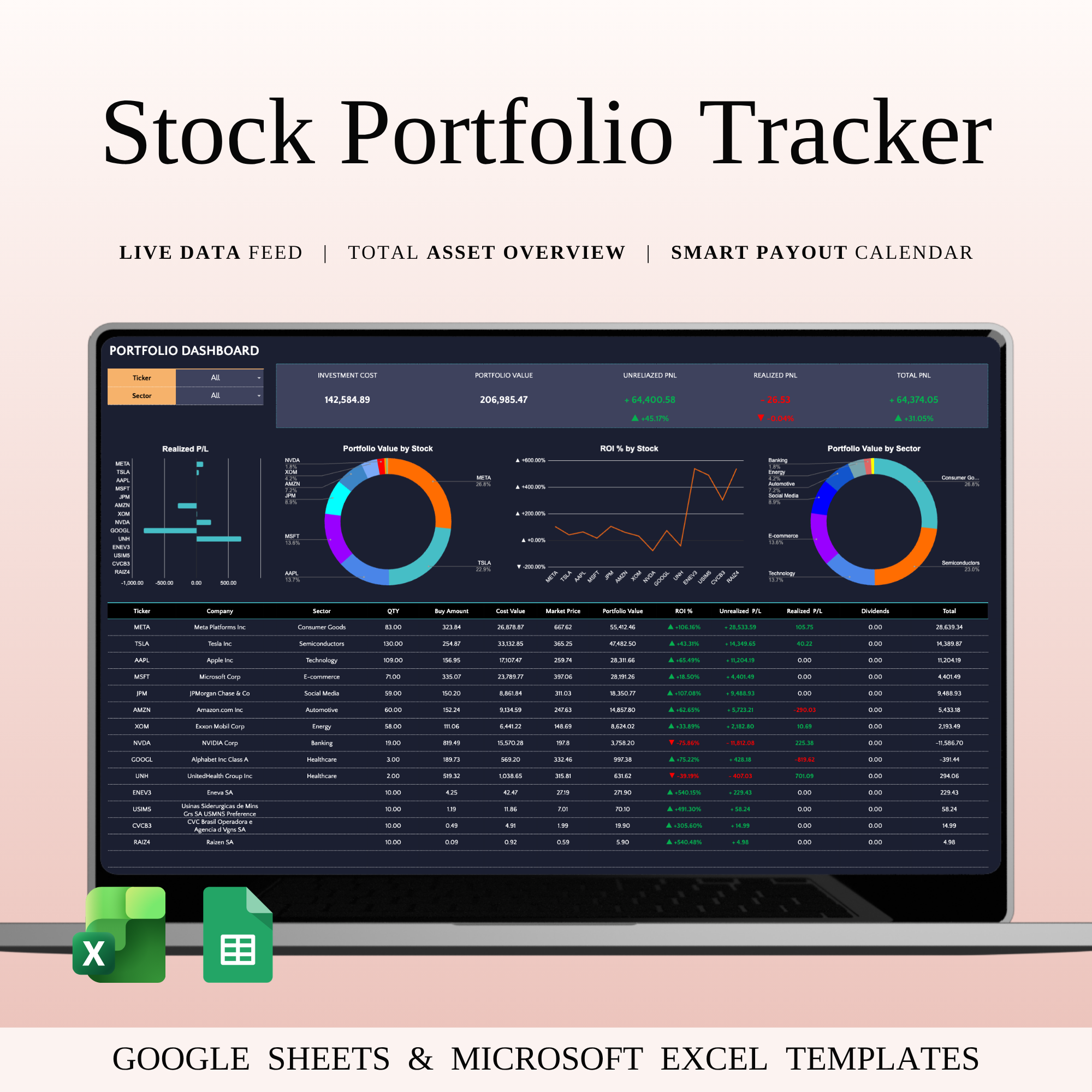 Stock Portfolio Tracker Excel | Dark Mode asset allocation dark mode finance dividend tracker equity tracker excel stock tracker finance dashboard finance template google sheets stock investment spreadsheet investment tools market analysis passive income portfolio analytics portfolio management roi calculator spreadsheetshub stock market dashboard stock tracker trading journal wealth management