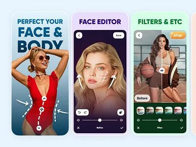 App Store Screenshots · Body Editor & Face Filters App app aso beauty body editor face filters google play ios makeup onboarding preview promo retouch screens screenshots shape slim store ui