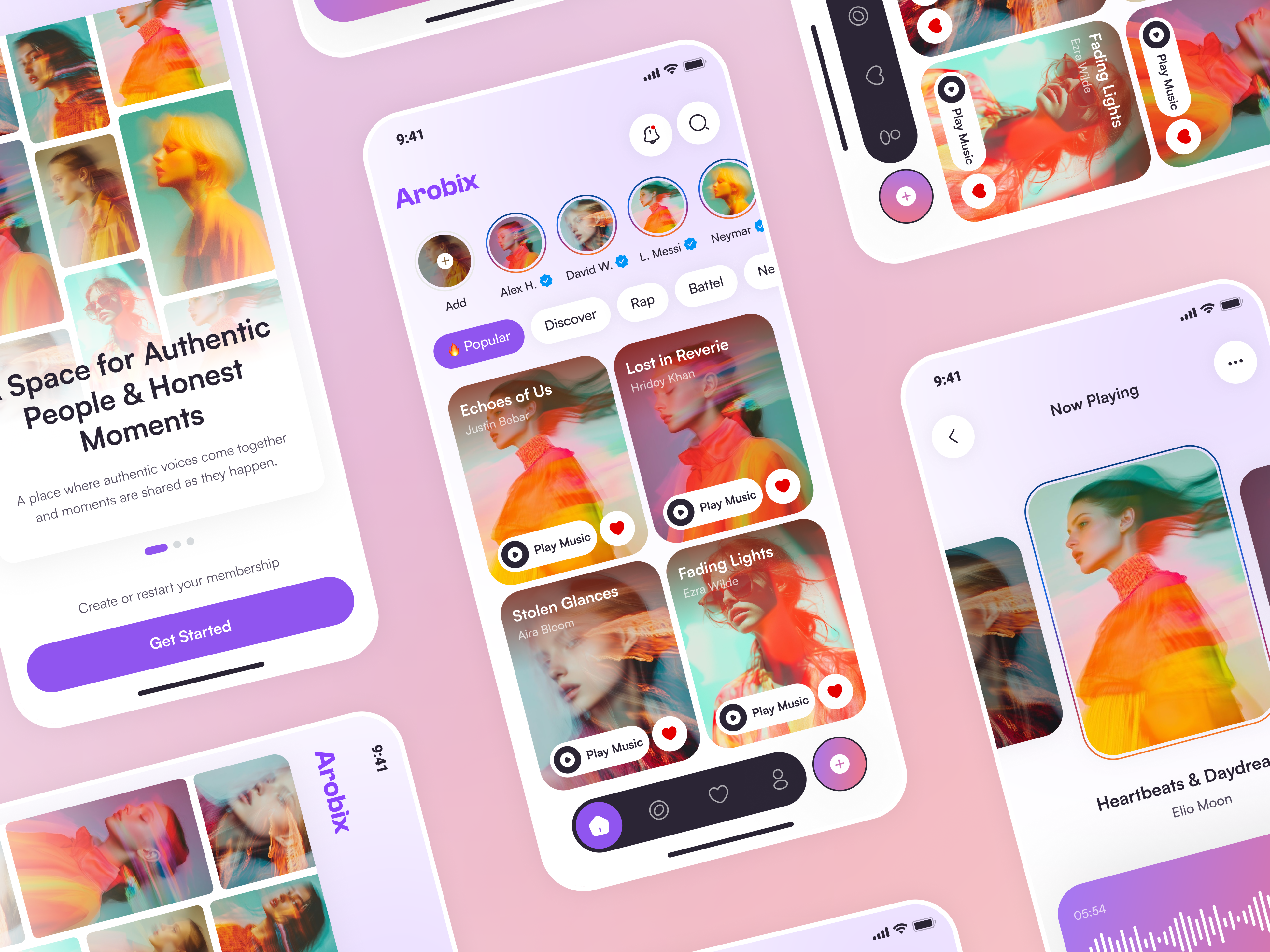 Arobix — Music for Real Moments 🎧✨ album app app design apple music audio audio experience discover music finance finance app mobile app mobile music app music app music player now playing personalized playlist player playlist streaming service ui ux