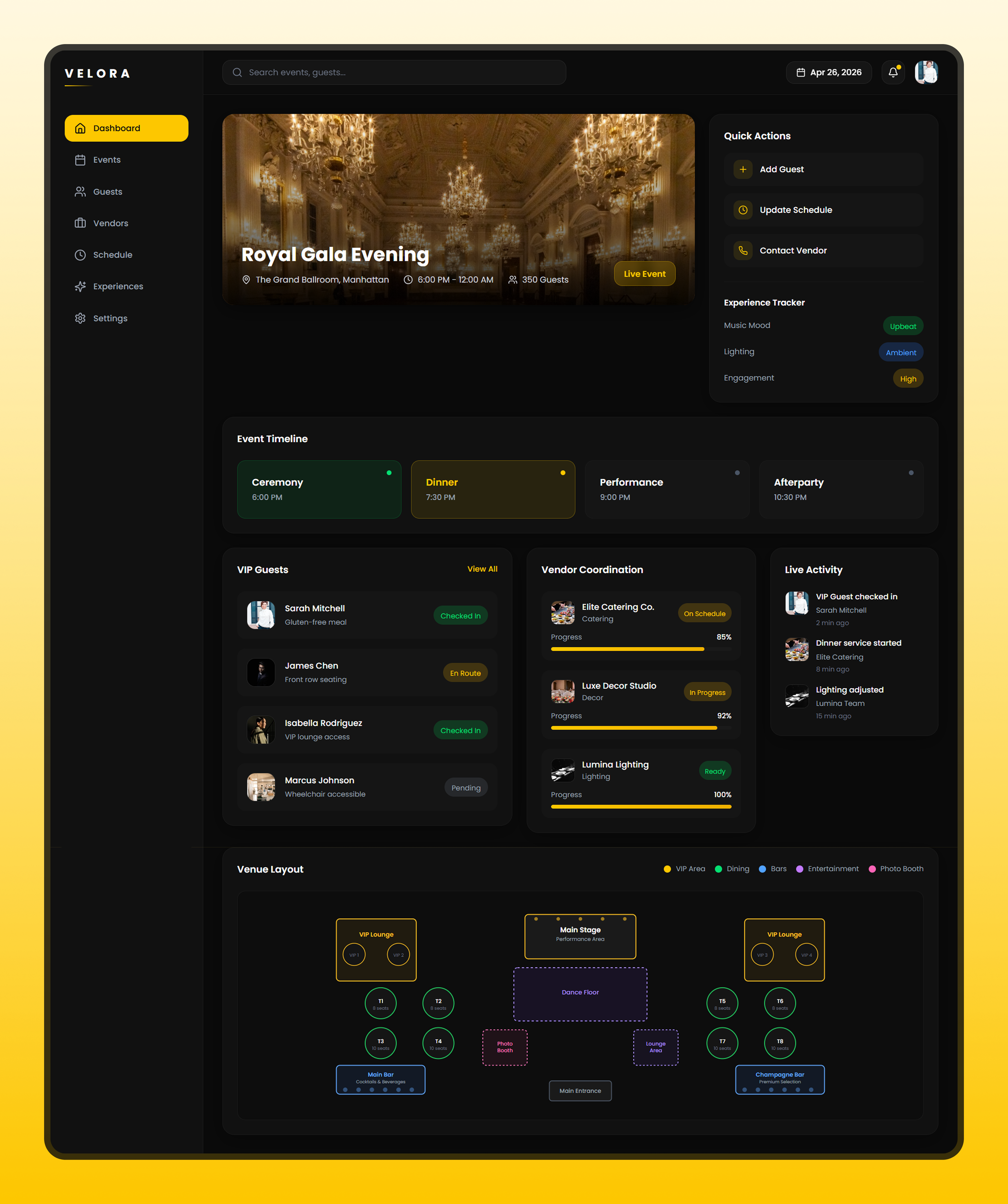 VELORA - Luxury Event Orchestration Dashboard dark mode dashboard dashboard design event management event planning dashboard graphic design landing page ui ux ux design website