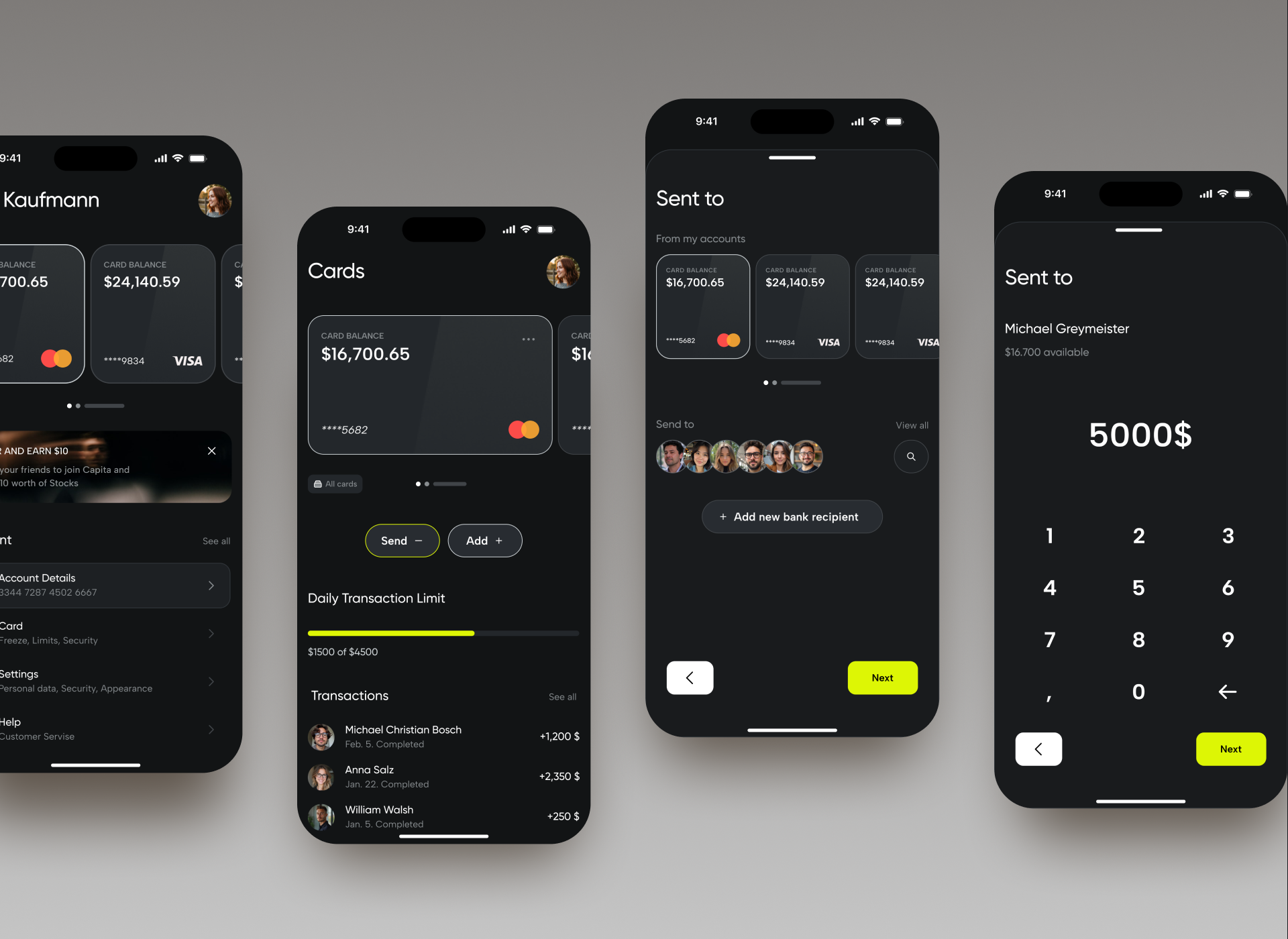Fintech Flow - Card to Transfer bankingapp carddesign darktheme darkui design inspiration designsystem digitalbanking fintech fintechdesign keyboard minimal ui mobile app moneytransfer paymentapp profile progress bar send to ui ux