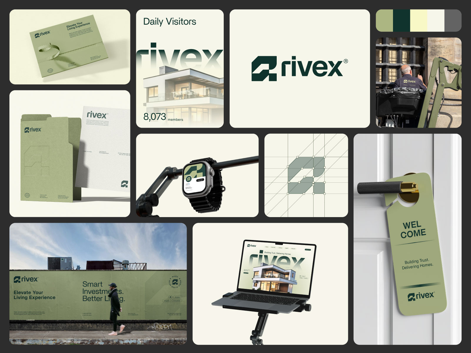 rivex® | Real Estate Visual Identity apartment brand identity branding builders logo construction graphic design logo modern logo properties r letter r logo real estate visual identity