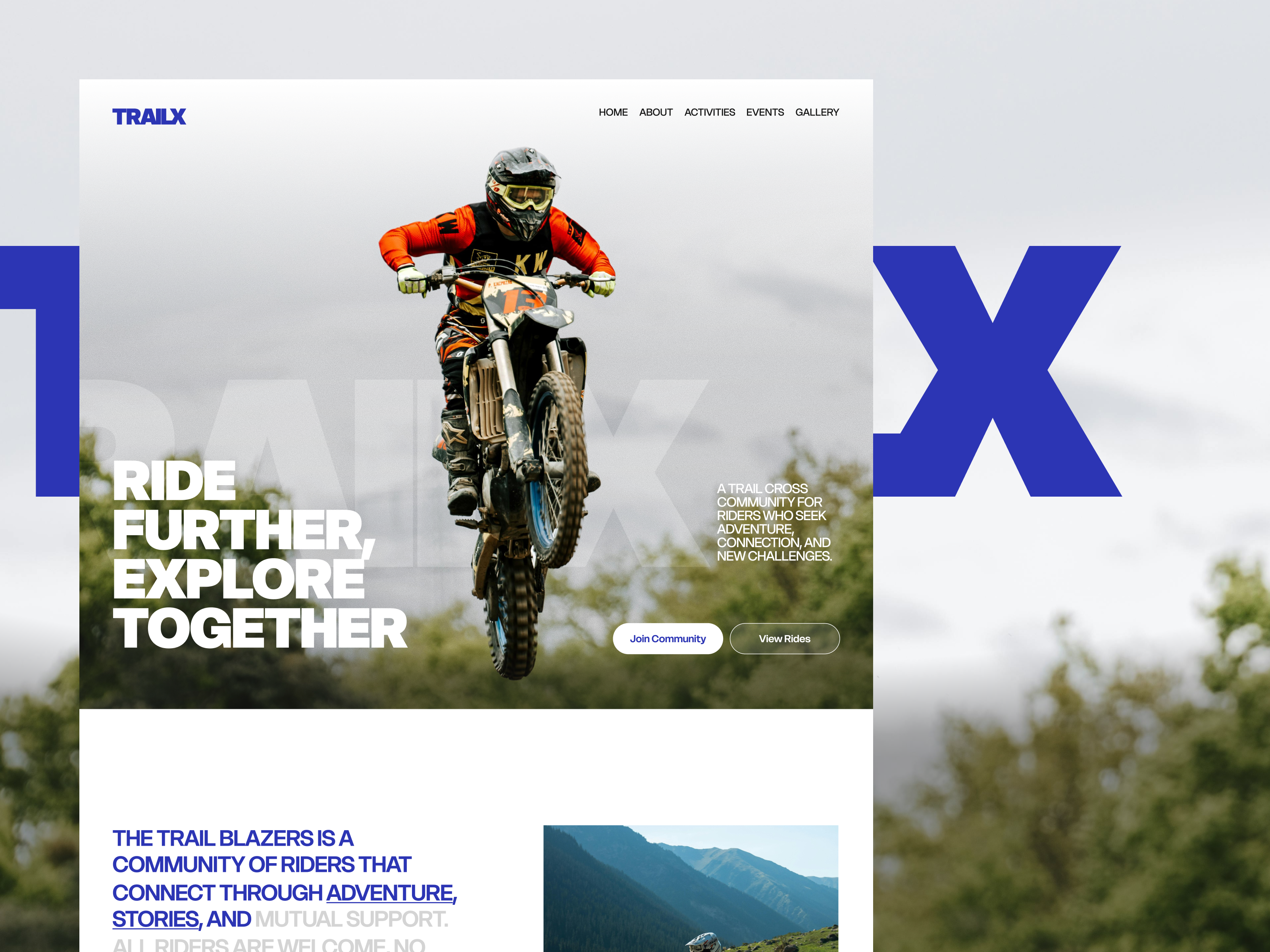 TrailX - Riders Community Landing Page 10am space adventure community editorial exploration landing page layout lifestyle motocross offroad outdoor riders sport trail travel typo uiux website