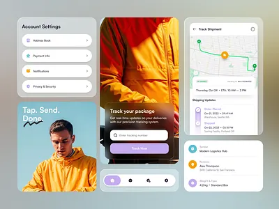 SwiftTrack – Delivery Tracking App UI delivery expedition glass glassmorphism icons logo marketplace modern package shipping track travel ui