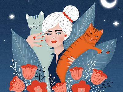 Under the moonlight catlove empoweringwomen femaleillustrators flowers illustration moonlight womenmentalhealth