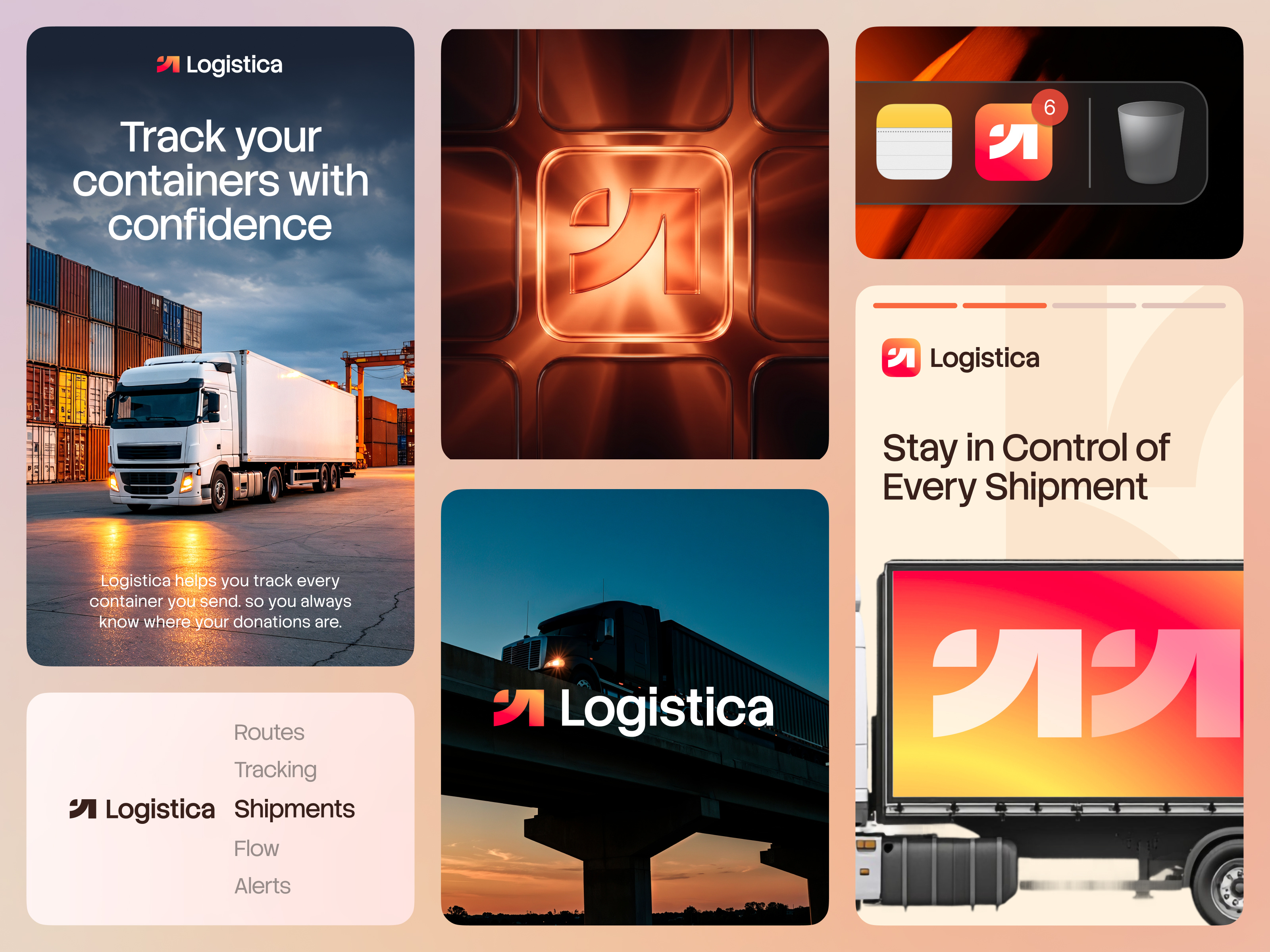 Logistica - Brand Identity 3d brand identity branding business clean container donation expedition location logistic logo monitoring orange routes shipping supplies tracking truck uiux unspace