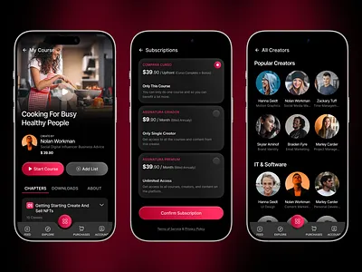 Online Course App UI, Subscription & Creator Platform Design android ui app design course app ui creator platform dark ui digital product edtech app interface design ios app design learning app mobile app ui mobile ux online learning product design saas app startup ui subscription app ui design ux design video app ui