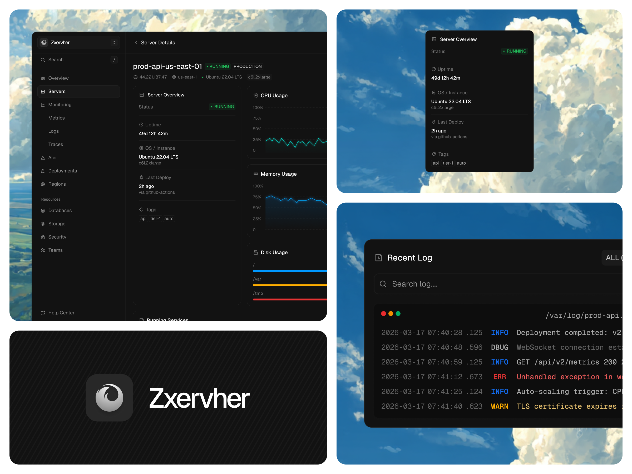 Zxervher - Server Details Page Web App dark mode dark website dashboard deployment page product product design saas server details page typography ux visual web app website