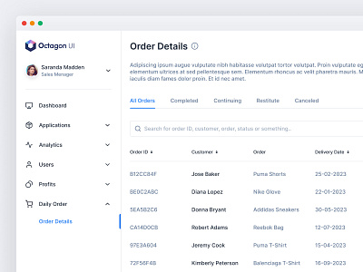 Order Details List — Octagon UI card case study clean dashboard design dropdown filter illustration inspiration logo octagon ui order product design search sidebar switch ui ui ux ux website