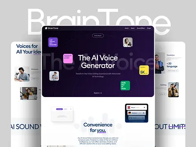 BrainTone – AI Voice Editor Landing Page Design 🎙️🤖 3d ai dubbing ai voice editor animation audio editing audio tech landing page branding creative tech dashboarddesign framer development graphic design logo motion graphics podcast tool responsive design saas design ui ux design voiceover platform webflow development