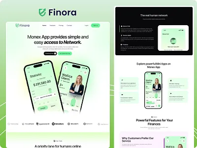 Finora — Finance App Landing Page Design bank landing page financial app landing page ui financial dashboard app fintech landing page footer hero section landing page mobile app money management app design payment landing page saas landing page ui design